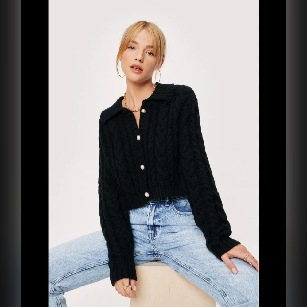 Double Zero Black Velvet Chenille Collared Button Up Boxy Cardigan L